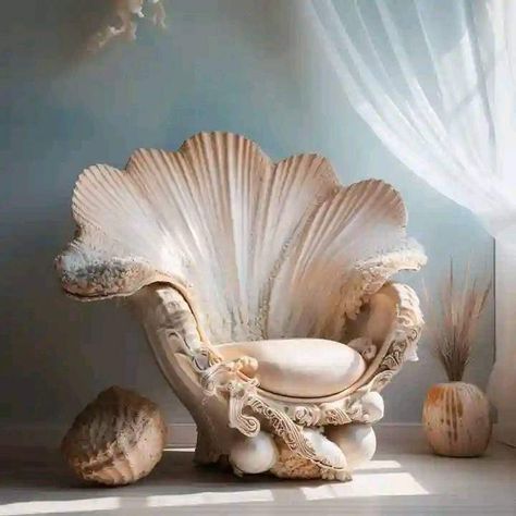 Shell Shaped Bed, Mermaid Throne, Sea Shell Display Ideas, Diy Mermaid Decor, Seashell Chair, Brand Attributes, Mermaid Webtoon, Baby Shower Chair, Giant Clam Shell