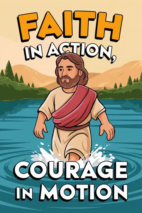 Jesus walking on water with the text "Faith in action, courage in motion" above. Uplifting Bible Quotes, Job 1 21, Faith In Action, Youth Ministry Games, Bible Quotes About Faith, Stand Firm, Job 1, Jesus Christ Art, Strong Faith