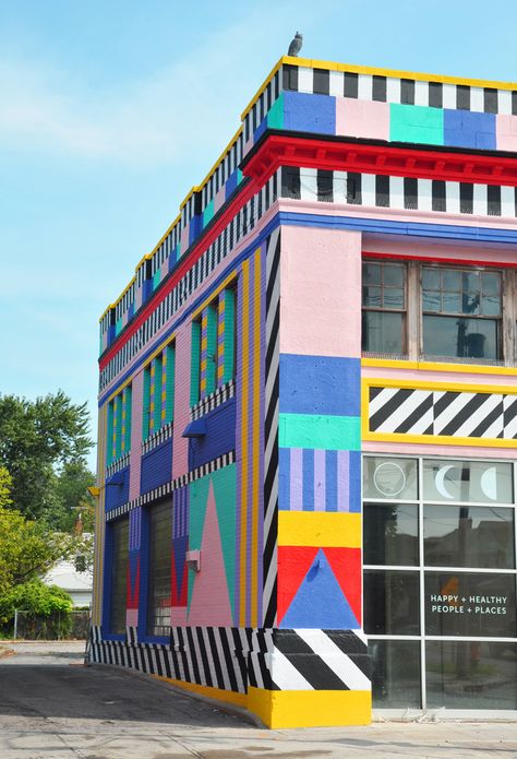 Exterior Murals Building, Art Gallery Exterior, Outdoor Wall Design, Building Mural, Building Murals, Outdoor Mural, Camille Walala, Exterior Murals, Exterior Stairs