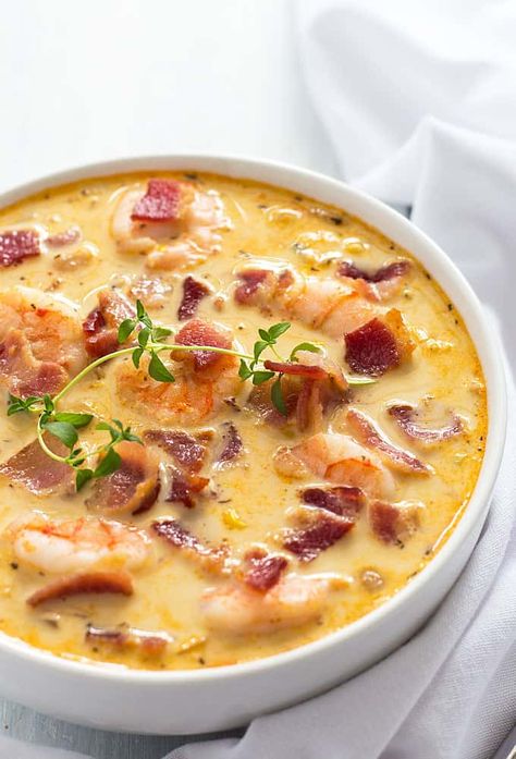 Shrimp And Corn Chowder, Shrimp Corn Chowder, Bacon Shrimp, Soup With Shrimp, Shrimp And Corn, Shrimp Corn, Seafood Soup Recipes, Soup Appetizers, Chowder Soup