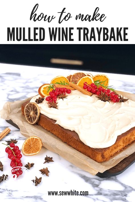 Mulled wine in cake! Yes you read that right. This gorgeous mulled wine traybake cake is a fabulous easy moist sponge cake with a drizzle of mulled wine over the top. The Christmas traybake is then topped with a creamy cream cheese buttercream and decorated with dried orange slices, star anise, fresh rosemary and fresh redcurrants. Easy Mulled Wine, Homemade Mulled Wine, Moist Sponge Cake, Traybake Cake, Mulled Wine Spices, Wine Tray, Easy Cakes, Wine Cake, Tray Bake Recipes