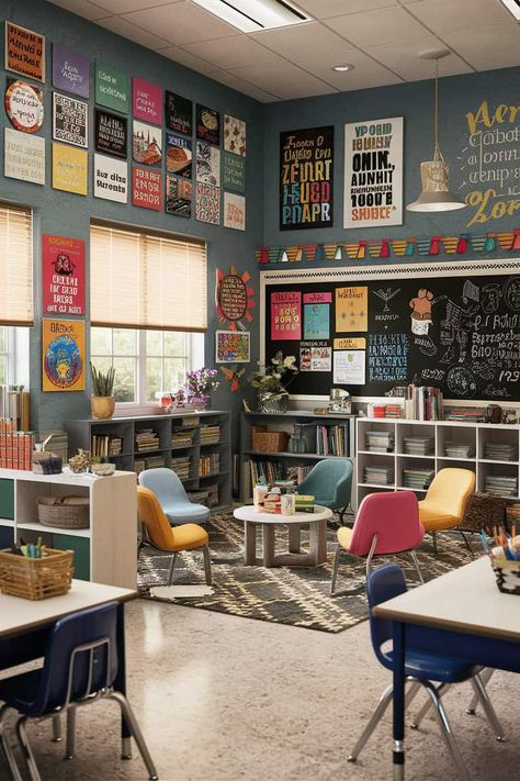 17 Classroom Decor Ideas to Spark Creativity Today Dream Classroom Elementary, Elementary School Aesthetic, Teachers Office Ideas, Classroom Table Arrangement, Cool Classrooms, Aesthetic Classroom Decor, Vintage Classroom Decor, Teacher Goals, Classroom Ceiling