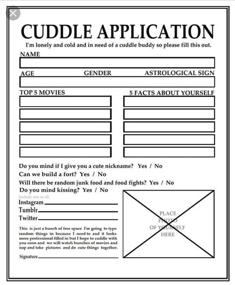 Cuddle Application, Friends Template, Best Friend Application, Funny Certificates, Writing Traits, Funny Lists, About Me Template, Funny Vinyl Decals, Funny Note