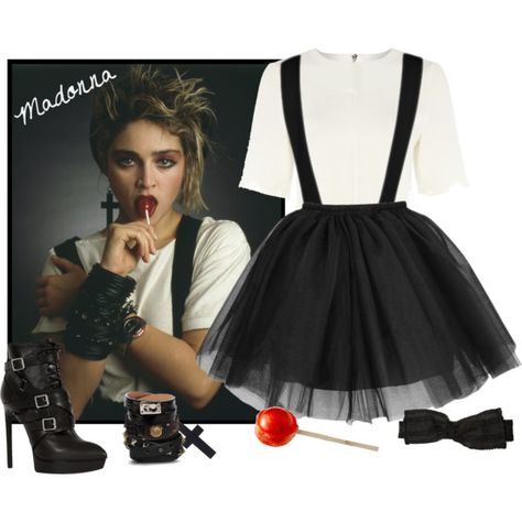 A fashion look from August 2014 featuring special occasion dresses, white top and black booties. Browse and shop related looks. Madonna 80s Fashion, 80s Theme Party Outfits, 80s Dress Up, Madonna Costume, 80s Party Costumes, 80s Fashion Party, 80s Fancy Dress, 80s Party Dress, Look 80s