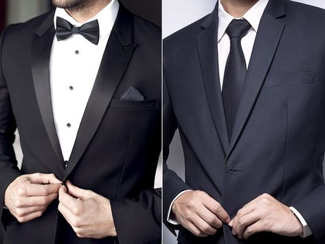 Tuxedo vs Suit: What is the Difference? | TheKnot.com Tux Vs Suit Wedding, Tux Vs Suit, Suit Vs Tuxedo, Modern Tuxedo, Suits Groom, Dapper Suits, Classic Tuxedo, Suit Pin, Costume Noir