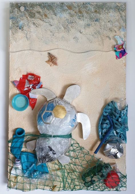 Ocean School Project Ideas, Sustainable Art Projects, Sustainability Artwork, Environmental Pollution Art, Ocean Pollution Art, Art Out Of Trash, Trash Art Recycled, Recycling Workshop, Sustainability Art