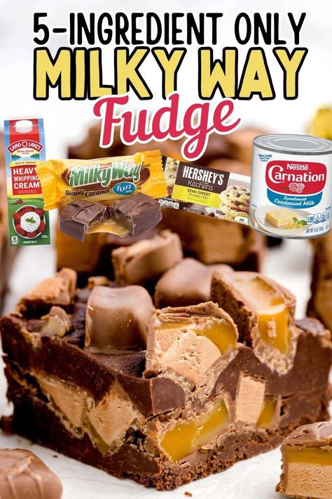 This quick and easy Milky Way Fudge recipe takes 5 minutes to prepare using only chocolate chips, sweetened condensed milk, heavy cream, and 2 kinds of Milky Way candy bars. Better than anything made in a fudge factory and more economical than something store-bought, this homemade fudge is ideal for holiday gifting or placing on party platters and trays of sweet treats. Milky Way Recipes, Condensed Milk Recipes Desserts Easy, Milky Way Fudge, Fudge Recipes Easy Condensed Milk, Milky Way Candy, Holiday Baking Ideas, Milk Chocolate Fudge, Homemade Fudge Recipes, Fudge Ingredients