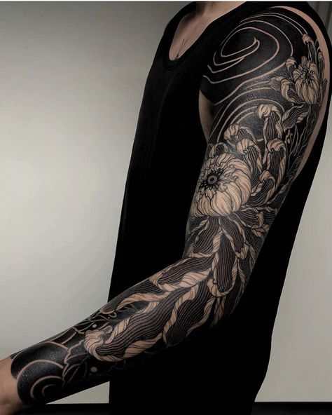 Tattoo Filler Ideas, Negative Tattoo, Black Sleeve Tattoo, Cover Up Tattoos For Women, Negative Space Tattoo, Tattoo Filler, Blackout Tattoo, Full Arm Tattoos, Floral Tattoo Sleeve