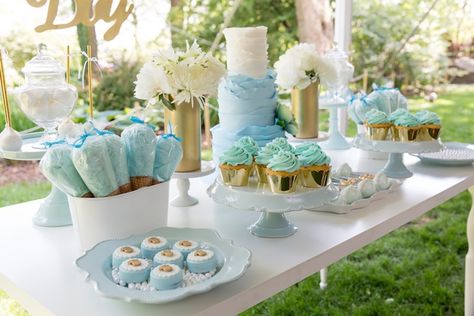 Sweets table from Blue & Gold Baby Shower at Kara's Party Ideas. See the… Baby Shower Desserts Table, Baby Shower Verde, Blue Candy Buffet, Gold Baby Shower Decorations, Desserts Table, Baby Shower Sweets, Baby Shower Dessert Table, Boy Baby Shower Ideas, Outdoor Baby Shower