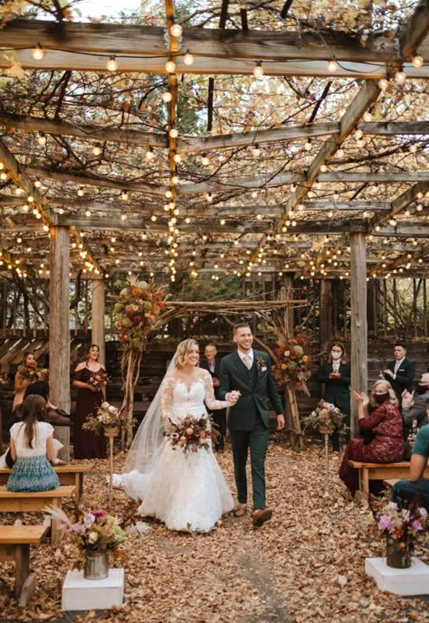 Fall Venues Wedding Ideas, Outdoor Fall Ceremony, Fall Wedding Lights, Minnesota Fall Wedding, Fall Micro Wedding Decor, Fall Castle Wedding, Outdoor Fall Weddings, Fall Fairy Wedding, Wedding Venues Minnesota