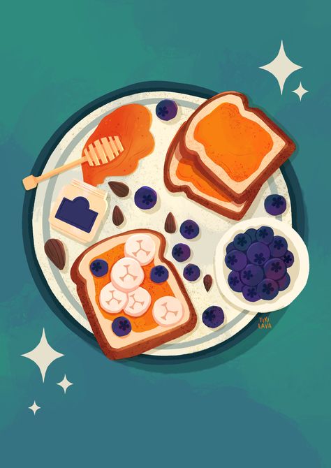 Breakfast Illustration Cute, Breakfast Illustration Food, Breakfast Graphic Design, Breakfast Artwork, Breakfast Flatlay, Cute Food Illustration, Breakfast Drawing, Breakfast Cartoon, Eating Illustration