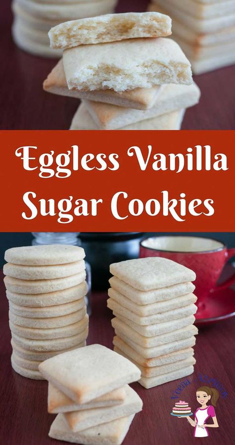 Eggless Sugar Cookie Recipe, Vanilla Sugar Cookie Recipe, Eggless Sugar Cookies, Eggless Cookie Dough, Egg Free Desserts, Eggless Cookie Recipes, Egg Free Baking, Egg Free Cookies, Vanilla Sugar Cookies