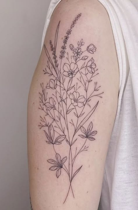 Bouquet Tattoo Sleeve, Fine Line Forearm Sleeve, Wildflower Tattoo Bicep, Fine Line Half Sleeve Tattoo, Upper Arm Half Sleeve, Wildflower Bouquet Tattoo Forearm, Wildflower Half Sleeve Tattoo Forearm, Wildflower Tattoo Sleeve Forearm, Botanical Half Sleeve Tattoo