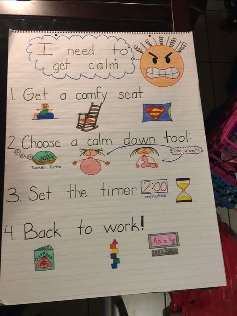 Conscious discipline based anchor chart for Pre-K. Calm Down Corner Anchor Chart, Calming Corner Anchor Chart, Class Discipline Ideas, Discipline Chart Behavior Plans, Sel Anchor Charts, Emotions Anchor Chart, Conscious Discipline Classroom, Conscious Discipline Preschool, Safe Place Conscious Discipline