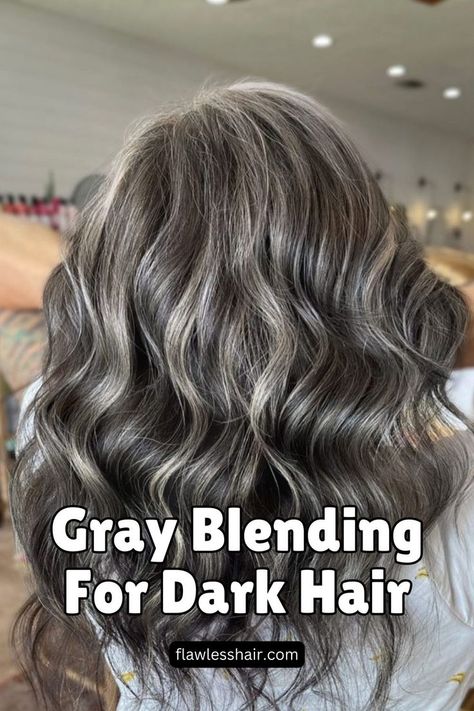 Gray Blending For Dark Hair Grey Brown Hair, Gray Blending, Dark Grey Hair, Mushroom Hair, Grey Hair Transformation, Going Grey, Grey Hair Inspiration, Gray Hair Growing Out, Transition To Gray Hair