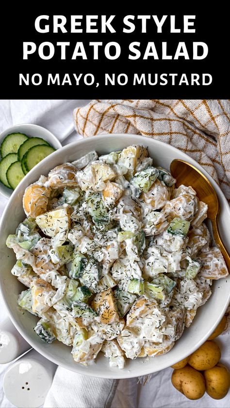 This recipe for Mediterranean potato salad is made with no mayo and no mustard. Golden potatoes get tossed in a creamy greek yogurt tzatziki sauce that's perfect for sharing! #potatosalad #healthy #greekyogurt #tzatziki Potato Salad Mediterranean, Mediterranean Potato Tzatziki Bowl, Taziki Potatoes, Healthy Potato Salad Greek Yogurt, Greek Potatoes Salad, Greek Style Potato Salad, Food For Sharing, Greek Yogurt Potato Salad, Potato Salad Greek Yogurt