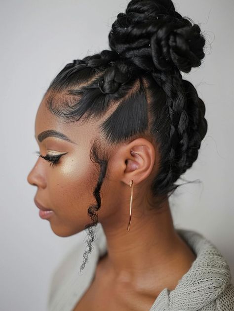 Elegant Braided Bun Hairstyles for Every Occasion Halo Hairstyles For Black Women, Cute Buns Black Women, Mid Bun Hairstyles For Black Women, Bun With Braids Hairstyles, Braided Top Bun, Braided Bun For Black Women, Black Hair Bun Styles, Bun Hairstyles For Black Women, Updo Cabello Natural