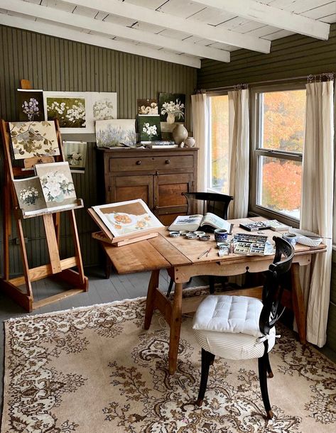 Carleigh Courey Design, Art Studio Painting, Creative Spaces Studio Workspaces, Art Studio In House, Cottage Art Studio, Art Studio Office Combo, Farmhouse Art Studio, Art Space At Home, Artist House Interior