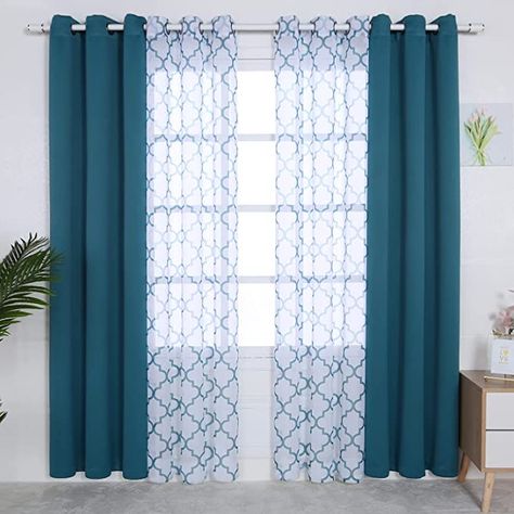 Amazon.com: BONZER Mix and Match Curtains - 2 Pieces Moroccan Print Sheer Curtains and 2 Pieces Blackout Curtains for Bedroom Living Room Grommet Window Drapes, 37x95 Inch/Panel, Teal, Set of 4 Panels : Home & Kitchen Mix And Match Curtains, Blue Curtains Living Room, Moroccan Print, Contemporary Curtains, Blackout Panels, Layered Curtains, Curtains For Bedroom, Moroccan Pattern, Sheer Curtain Panels