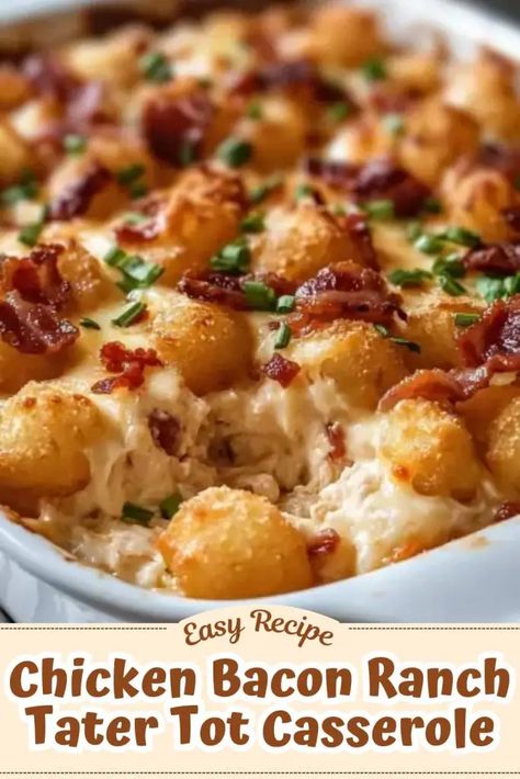 Discover the joy of making this Chicken Bacon Ranch Tater Tot Casserole with a simple recipe. It combines shredded chicken, crispy bacon, ranch seasoning, and cheesy tater tots for a comforting and delicious meal. Perfect for family dinners or potlucks! Try it out today and enjoy every bite. Tater Tot Casserole Chicken Bacon Ranch, Creamy Ranch Tater Tot Bake, Cheesy Chicken Bacon Tater Tot Casserole, Chicken Bacon Ranch Tater Tots, Chicken Tater Tot Recipes, Tator Tot Chicken Casserole Recipe, Casserole With Hashbrowns Dinners, Shredded Chicken Tater Tot Casserole, Chicken Bacon Ranch Casserole Tater Tots