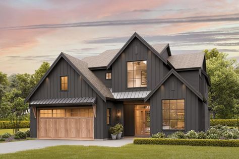 This 2-story house plan has a modern farmhouse aesthetic and at its heart, a 2-story great room. The home plan delivers 4 beds, 4.5 baths and 3,780 square feet of heated living space with a 2-car 491 square foot front-facing garage. A pair of French doors off the foyer open to your private study which makes a great work-from-home space. Check out the large island in the kitchen that comfortably seats five people. A walk-in pantry gives you great storage. The dining room gets great natural light Spec House, Modern Floor Plans, Farmhouse Style House Plans, Modern Farmhouse Exterior, Farmhouse House, Farmhouse Plan, House Plans Farmhouse, Modern Farmhouse Plans, Farmhouse Exterior