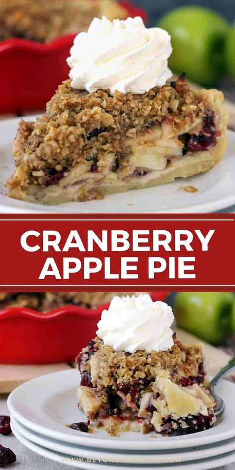 Warm and soft cinnamon apples mingle with sweet dried cranberries in this irresistible Cranberry Apple Pie filling! It's paired with a buttery homemade crust and a crispy oatmeal streusel topping for the ultimate holiday treat. Apple Cranberry Pie, Cranberry Pie, Colorful Desserts, Holiday Pies, Baking Tutorial, Thanksgiving Pies, Apple Cranberry, Crumb Topping, Savory Appetizer