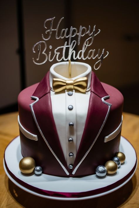 Refined Burgundy Tuxedo Birthday Cake for Men – Elegant and Memorable Birthday Cake For Papa, Sparkly Wedding Cakes, Birthday Cake For Men, Birthday Cake Aesthetic, Apple Cake Pops, Cake For Men, Cake Design For Men, Tuxedo Cake, Modern Birthday Cakes