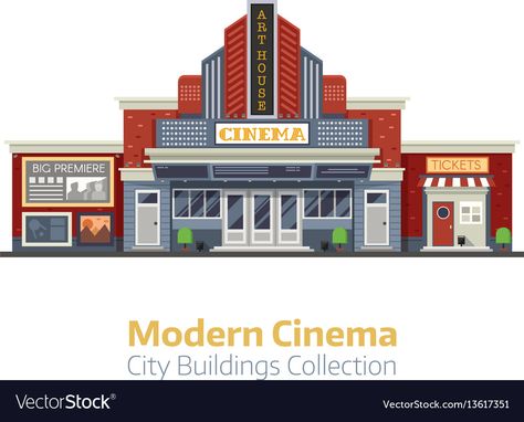 Movie Theater Exterior, Theater Exterior, Cinema Building, Illustration City, Community Places, Theatre Building, Cinema Design, London Buildings, Building Stairs