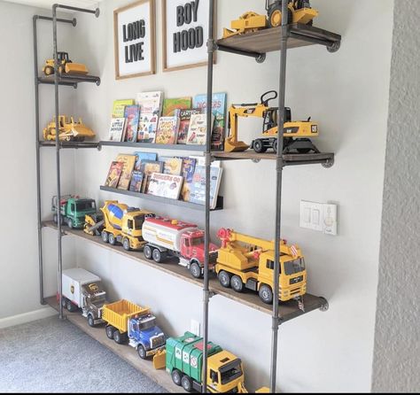 Toy Car Storage Ideas Organizing, Construction Toy Storage, Boys Bedroom Ideas Age 4, Boy Room Toy Storage, Playroom Ideas With Tv, Truck Storage Ideas Toy, Boys Truck Storage, Bruder Toys Storage, Toy Storage Boys Room