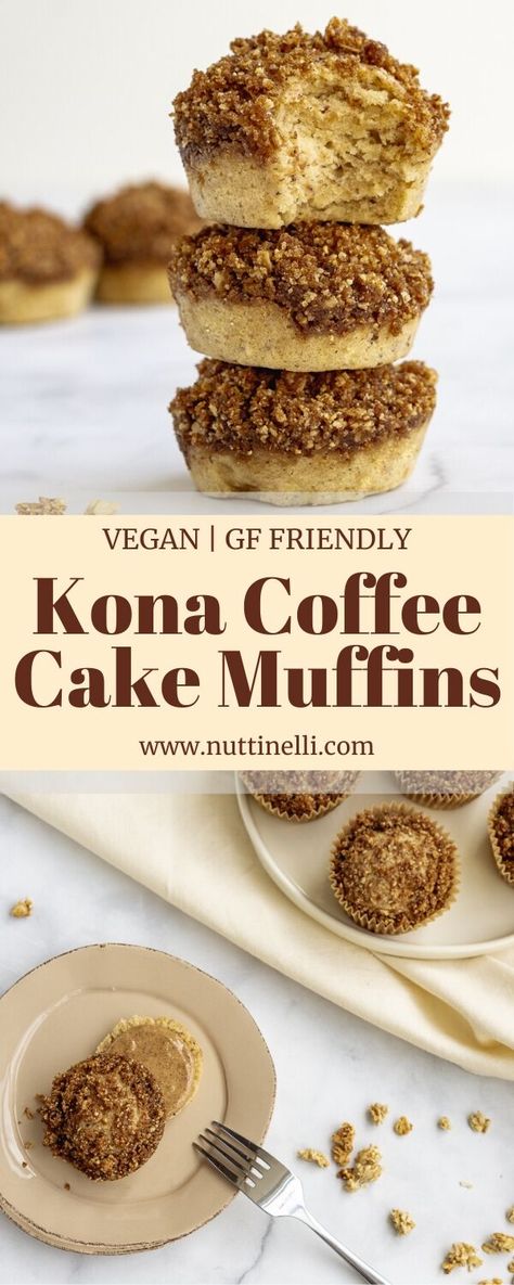 This recipe for vegan coffee cake is delicious, easy to make, and uses simple ingredients! They are flavored with Kona coffee for that Hawaiian Island flavor! #nuttinelli #veganbreakfastfood #vegancoffeecake #veganhawaiianfood Vegan Winter Desserts, Vegan Coffee Cookies, Vegan Coffee Cake Muffins, Coffee Cake Vegan, Vegan Chocolate Coffee Cake, Vegan Cinnamon Coffee Cake, Vegan Winter Recipes, Coffee Cake Muffins, Vegan Breakfast Easy