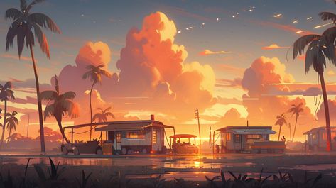 ArtStation - Sunset Sunset Digital Painting, Sunset Landscape Wallpaper, Sunset Hill, Sunset Concept Art, Cartoon Sunset, Sunset Cartoon, 2d Background, Sunset Reference, Sunset Illustration