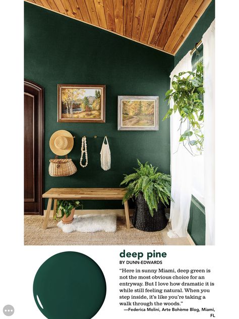 Deep Pine Paint, Dark Green Wall Interior Design, Deep Pine Dunn Edwards, Emerald Board And Batten Wall, Botanical Interior Design Living Rooms, Phthalo Green Room, Deep Green Wall Color, Dark Green Wall With Plants, Pine Green Room