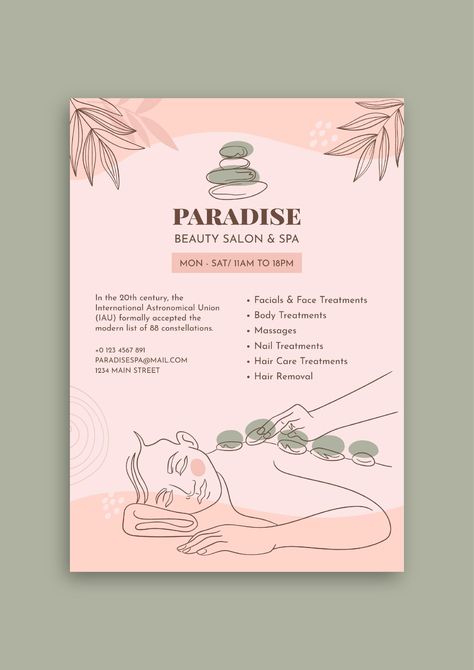 Spa Flyers Ideas, Esthetician Flyer Ideas, Massage Flyer Design, Spa Graphic Design, Spa Advertisement, Spa Ads, Massage Flyer, Spa Advertising, Spa Flyer