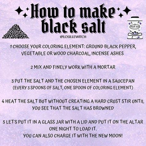 Losille’s Coven 🔮✨ sur Instagram : HOW TO MAKE BLACK SALT ✷🧂 ✮ Make your own Black Salt in 5 easy steps and use it for your magical rituals! 🔮✨ ✮ Have you made your Black… Make Black Salt, Green Witchcraft, Wood Charcoal, Kitchen Witchery, Magic Herbs, Spiritual Journals, Wiccan Witch, Black Salt, Wiccan Spell Book