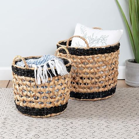 Honey-Can-Do Set of 2 Round Decorative Wicker Baskets with Handles, Natural/Black STO-09847 Natural Nesting Baskets, Decorative Storage Baskets, Decorative Baskets, Large Basket, Small Basket, House Accessories, Bedroom Closet, Odds And Ends, Basket Shelves