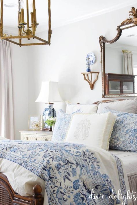 The Delightful Home {Master Bedroom} – Dixie Delights Master Bedrooms Southern, Southern Chic Bedroom Ideas, Traditional Blue And White Bedroom, Off White And Blue Bedroom, Blue And White Bedroom With Dark Furniture, Modern Grandmillenial Bedroom, Blue French Bedroom Ideas, Southern Decor Bedroom, Blue And White China Bedroom