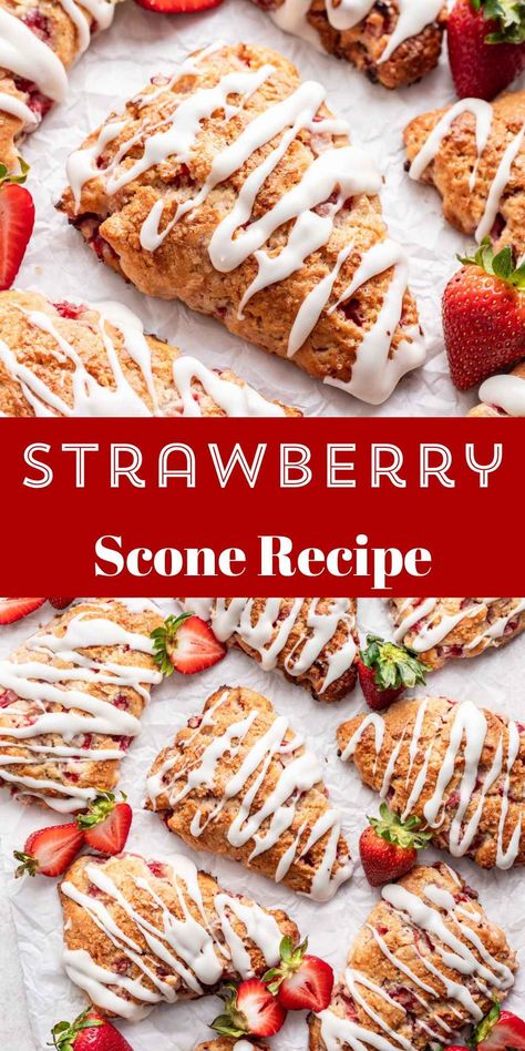 Strawberry scones are flaky vanilla scones that are studded with plenty of fresh strawberries. These delicious scones are drizzled with a simple vanilla icing for treat that's perfect any time of day! Fresh Strawberry Scones, Strawberry Scones Recipe Easy, Homemade Vanilla Icing, Strawberry Scones Recipe, Strawberry Scone, Simple Vanilla Icing, Vanilla Scones, Banana Scones, Breakfast Scones