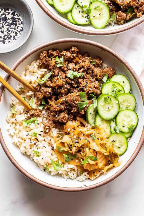 Beef Bulgogi Bowls Bulgogi Rice Bowl, Ground Beef Bulgogi Recipe, Ground Beef Bulgogi, January Meals, March Recipes, Beef Bulgogi Recipe, Recipe Runner, Rice Bowl Recipe, Bulgogi Recipe