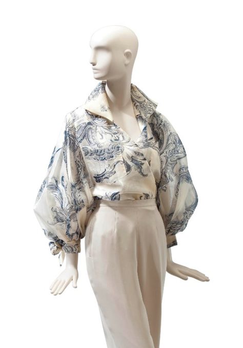 A CHRISTIAN DIOR IVORY AND NAVY BLUE PRINT SILK ORGANZA BLOUSE | LABELED 'CHRISTIAN DIOR BOUTIQUE 3295', CIRCA 2000 | shirt, Textiles & Costume | Christie's Dior Shirt Women, Elizabeth Taylor Fashion, Dior Fashion Week, Color 2025, Code Clothing, Dior Boutique, Recycled Dress, Dior Shirt, Navy Blue Print