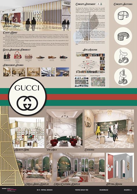 Retail Store Design - Gucci Retail Store on Behance Retail Layout Design, Material Sheet Interior Design, Interior Design Sheets, Luxury Retail Store Interior Design, Interior Design Poster Ideas, Gucci Interior Design, Dior Interior Design, Brand Store Design, Store Architecture Design