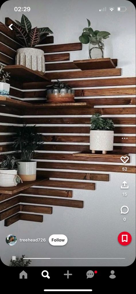 Plant Wall Corner, Accent Wall Ideas With Shelves, Modern Wall Shelf For Plants, Wall Slats With Shelves, Industrial Tv Wall Ideas, Wall Art With Shelves, Wooden Slat Wall With Shelves, Shiplap Plant Wall, Wooden Plant Wall