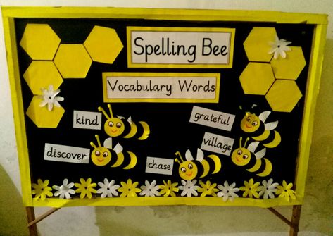 I prepared Spelling Bee board. I paste here vocabulary words like difficult words for students learning. I can change words after their learning. This is very attractive board with bees and with yellow black combination. Spell Bee Competition Poster, Yellow Day Ideas For Preschool, Spelling Bee Decorations School, Spelling Bee Poster, Bee Bulletin Board Ideas, Yellow Day Activities Preschool, Bee Theme Bulletin Board, Spelling Bee Decorations, Spell Bee Competition