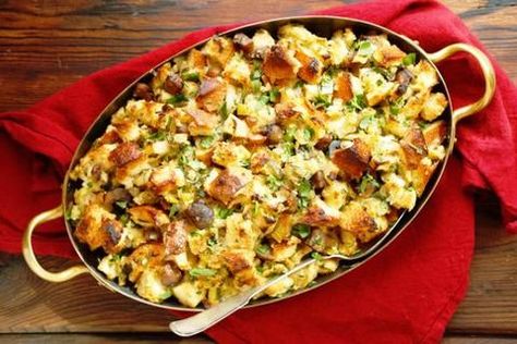 French Bread Stuffing with Preserved Lemons – Casablanca Market Croissant Stuffing Thanksgiving, Croissant Dressing, Croissant Stuffing, Modern Thanksgiving Dinner, How To Make Stuffing, Onion Stuffing, Holiday Casseroles, Xmas Menu, Turkey Dressing