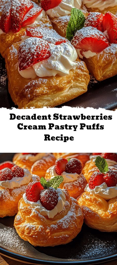 Indulge in the delightful taste of homemade Strawberries & Cream Pastry Puffs! This easy recipe combines warm, flaky puff pastry with fresh strawberries and airy whipped cream, creating the perfect treat for brunch, picnics, or any sweet craving. Ready in just 40 minutes, these puffs are simple to make and sure to impress. Plus, they can be customized with different fruits or flavor twists. Elevate your dessert game and enjoy a delicious blend of textures and flavors that gorgeous enou Strawberry Cream Puffs Recipe, Pastries For Breakfast, Filled Puff Pastry Recipes, Mascarpone Puff Pastry Recipes, Pastry Filling Recipe, Puff Pastry Shells Recipes, Puff Pastry Recipes Easy, Pastry Puff Recipes, Pastry Recipes Dessert