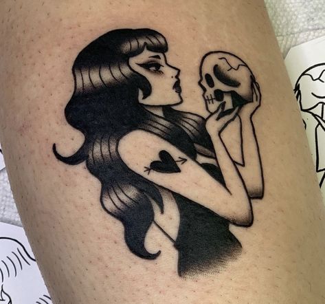 New Americana Tattoo, Trad Goth Tattoo, Traditional Style Tattoo For Women, Spooky Traditional Tattoo, Trad Tattoos, Pin Up Girl Tattoo, Traditional Tattoo Inspiration, Timeless Tattoo, Tattoo Apprenticeship