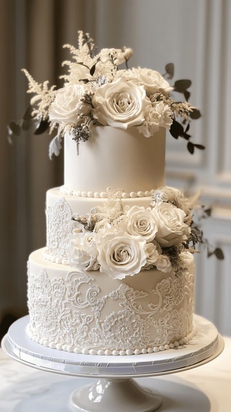 Classy 3-Tier Wedding Cake Designs in 2024 - cakevows.com Wedding Cake 3 Tier Elegant, 3tier Wedding Cake, Vintage Style Wedding Cake, Wedding Cake Chinese, Classy Wedding Cakes, Wedding Cake Designs Elegant, Fake Wedding Cakes, Ivory Wedding Cake, Wedding April