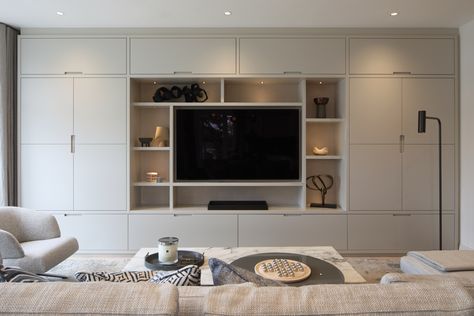 Tv Built In Cabinet Design, Tv Unit Design Storage, Modern Tv Storage Wall, Tv Unit And Storage Ideas, Tv Unit Ideas With Storage, Living Room With Cupboards, Storage Wall Ideas Bedroom, Tv Unit Design Modern Storage, Wall To Wall Tv Unit Built Ins