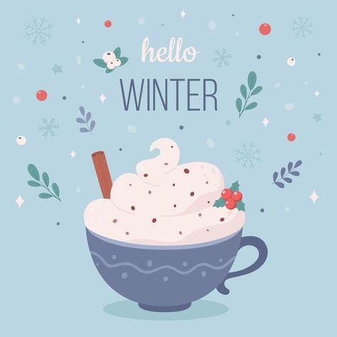 Hello Winter Illustration, Winter Illustration Design, Winter Design Graphic, Winter Logo, Cinnamon Christmas, Hello Christmas, Coffee Cup Art, Beach Illustration, Winter Coffee