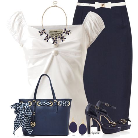 Navy Reiss skirts, White House Black Market sandals and MICHAEL Michael Kors tote bag Ssense Fashion, Librarian Chic, Skirts White, Winter Typ, White Pencil, Navy Skirt, Skirt White, White Blouse, Office Fashion