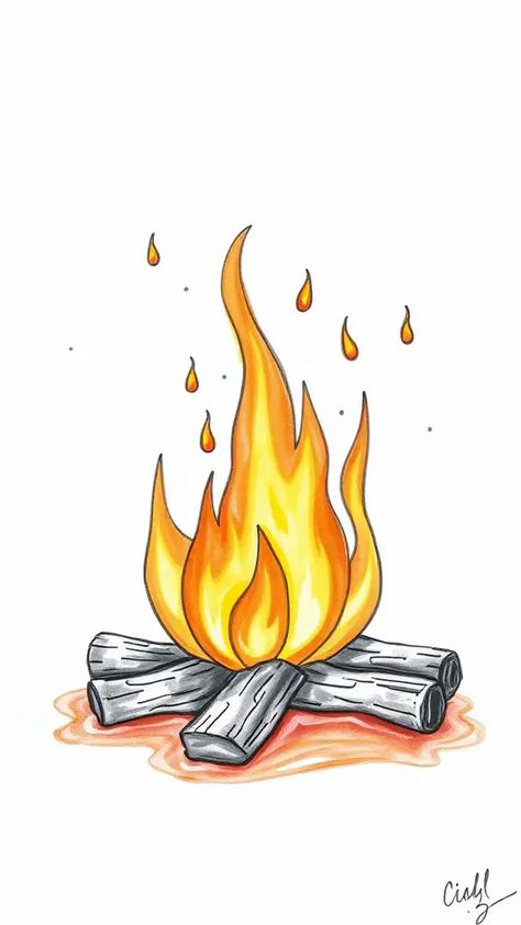 Check Out This Cute Fire Drawing & 12+ Other Fire Drawing Ideas! #drawinginspiration #drawingideas Fire Embers Drawing, Fire Drawing Reference, How To Draw Fire, Fire Art Drawing, Fire Drawing Ideas, Fire Pit Drawing, Drawing Fire, Drawing Flames, Fly Drawing